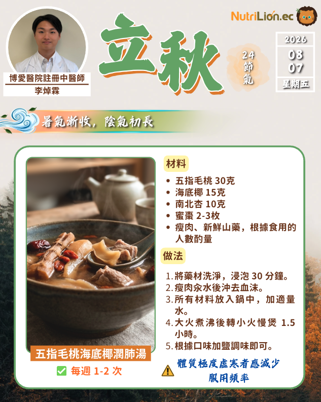 立秋：1. 五指毛桃海底椰潤肺湯